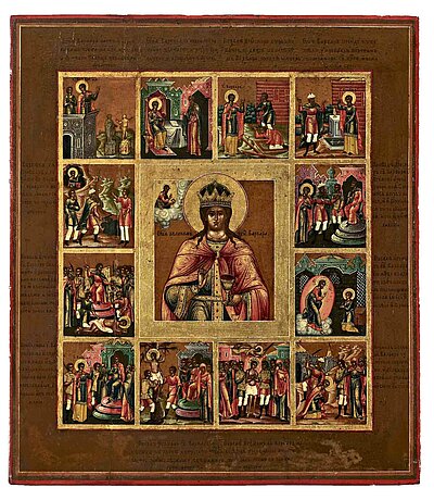 Ikone mit der hl. Barbara als Halbfigur im Zentrum; darum herum insgesamt 12 kleine Bildfelder mit Szenen aus ihrem Leben