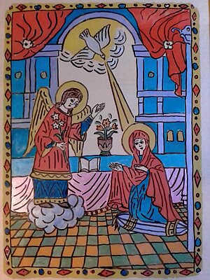 Hinterglasikone mit der farbenfrohen Darsestellung der Verkündigung an Maria
