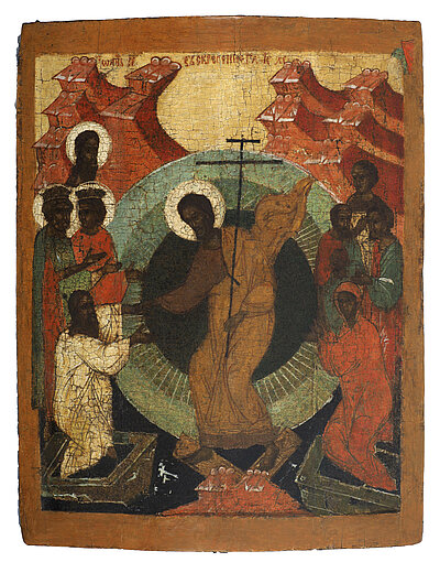 Die Ikone zeigt die Höllenfahrt Christi und wird im nebenstehenden Text beschrieben.