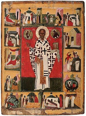 Hl. Nikolaus mit Szenen aus seinem Leben, Russland, 15. Jh.